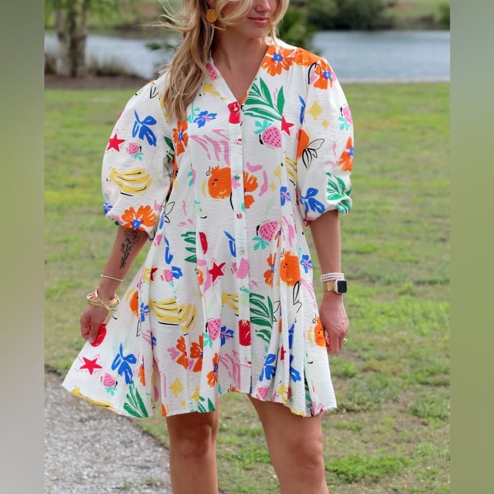 GiGiO Fruit Print Dress NWT Abstract Colorful Casual Knee Length Shirt Style M